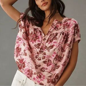 Anthropologie Pilcro Ruched Henley Tee Pink Floral Boho Hippie